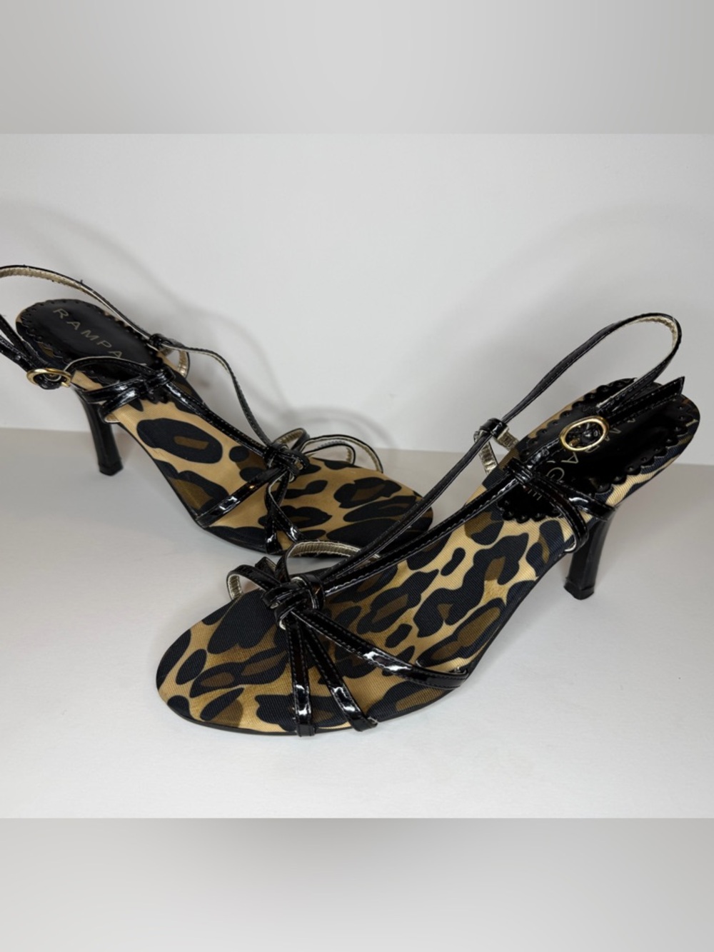 Rampage Vintage Black Patent Strappy Leopard Print Heels